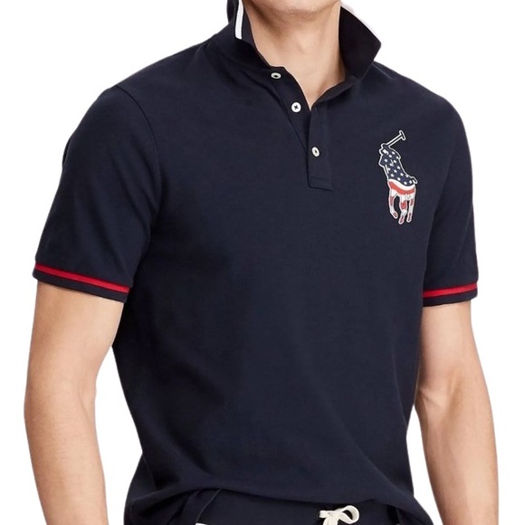 Ralph Lauren Polo Shirt Big Pony Logo American Flag Design Medium Navy Blue - Picture 7 of 7